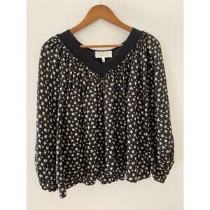 The Great Holly Top Silk 0 Black Cream Ditsy Floral V Neck Long Sleeve Blouse